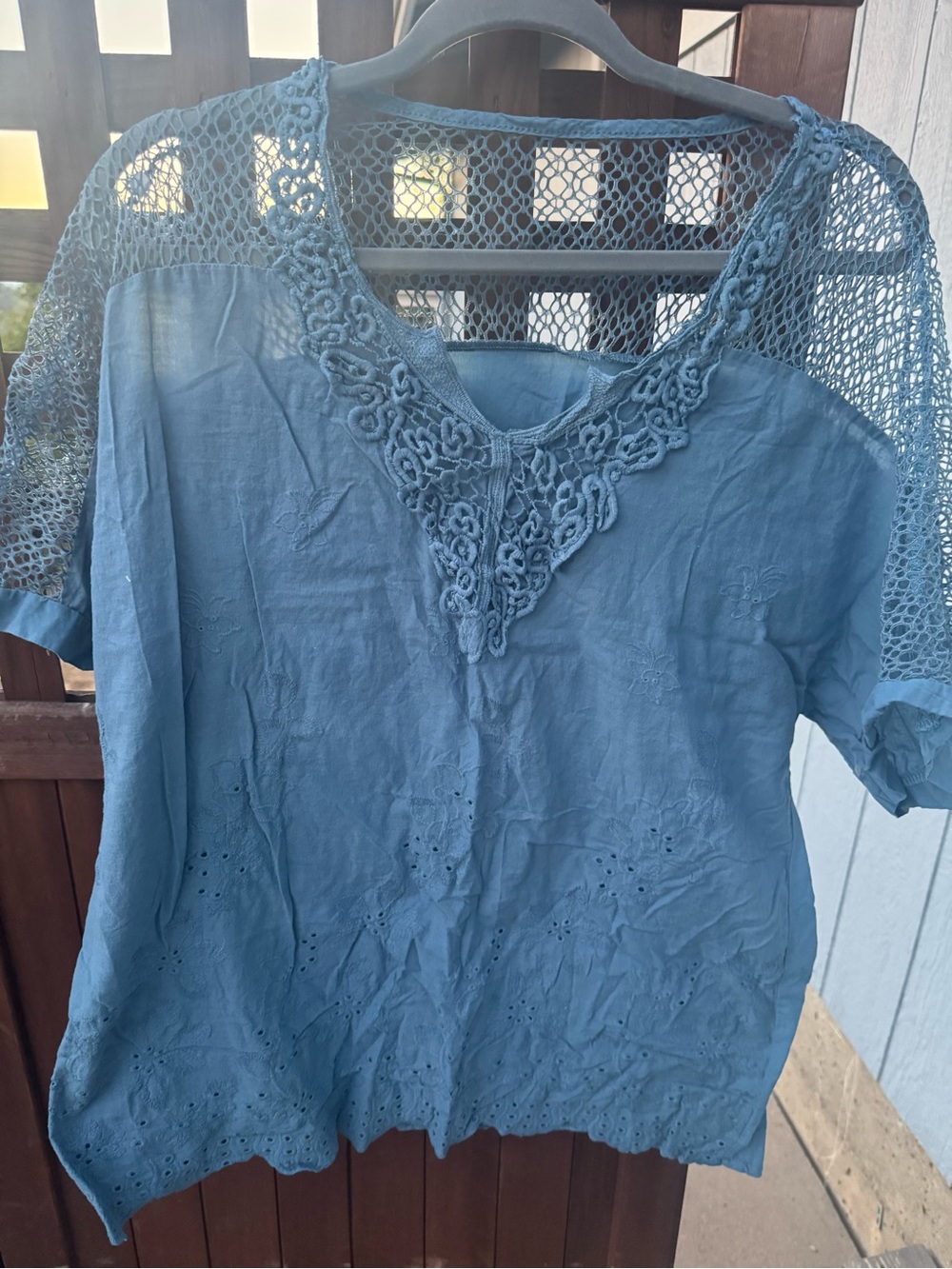 Dusty Boho Lace-Yoke Short Sleeve Top in Steel Blue